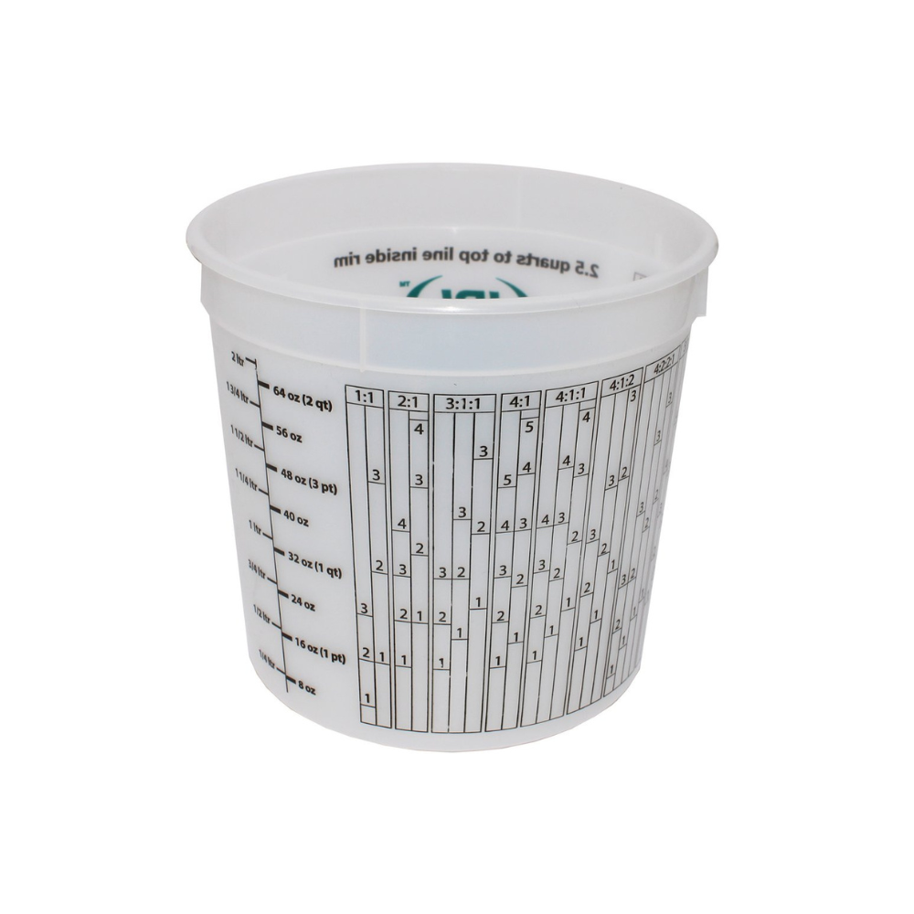 Back measuring lines of 2.5 quart mix and measure container by Leaktite. Available at Cincinnati Color Paint & Coatings in Cincinnati Ohio.