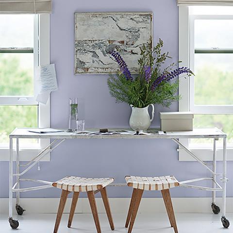 An office room painted Benjamin Moore's 2070-60 Lavendar Mist, available at Cincinnati Color Company in Ohio.