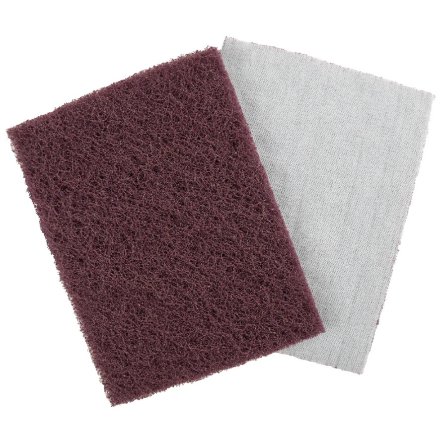 SurfPrep maroon non-woven sanding pads, very fine 320-grit, shown with flocked Hook & Loop backing.