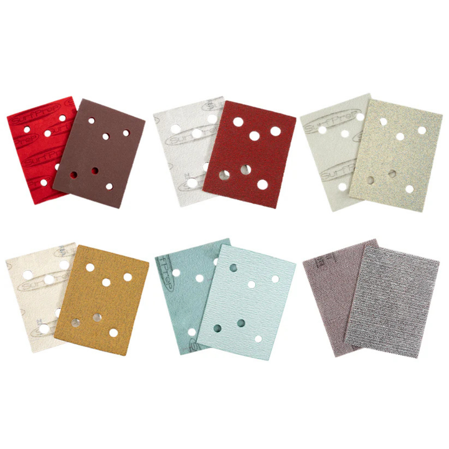 SurfPrep ProFoam sanding pads in 5mm Thin, 10mm Firm, and 1/2" Squishy thicknesses for flat surfaces, profiles, and curved detail work.