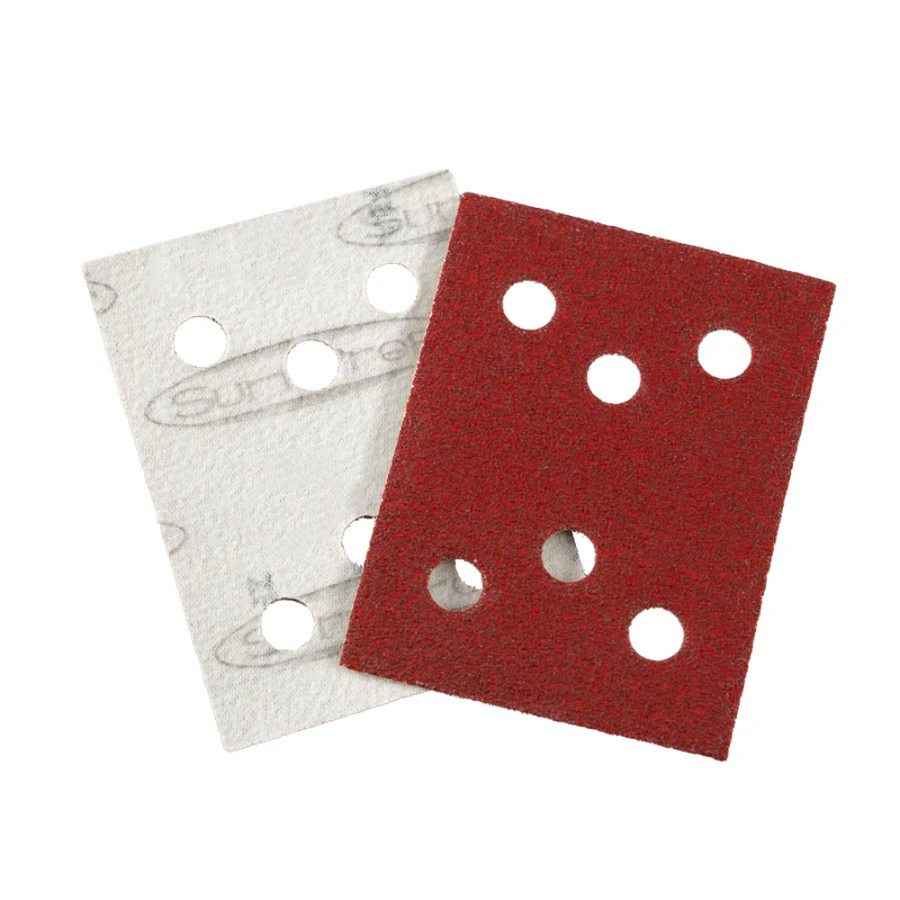 SurfPrep Red Riptide Paper Abrasive Sheets with C-weight backing, hook-and-loop attachment, and aluminum oxide grains for aggressive cutting on multiple surfaces.