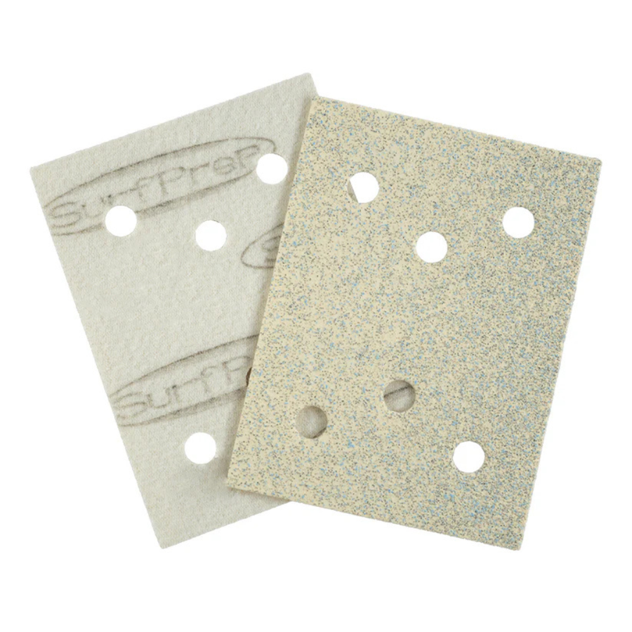 SurfPrep White Lightning Paper Abrasive Sheets with D- and C-weight backing, hook-and-loop attachment, and ceramic aluminum oxide grains for fast, precise sanding.
