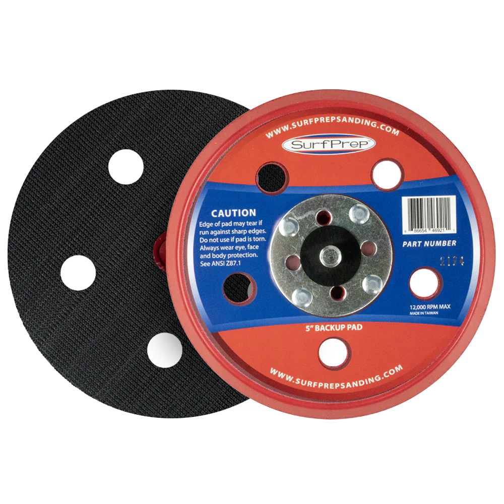 SurfPrep 5-inch backup pad options including Hook & Loop, J-Hook, and PSA styles for various sanding applications.