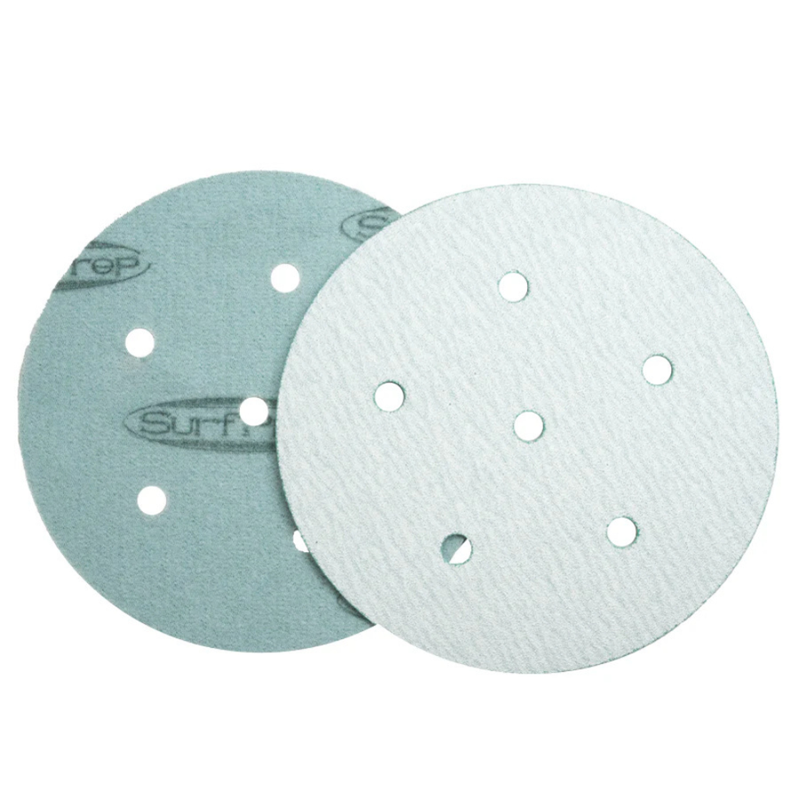 SurfPrep 5″ Blizzard Film Abrasive Discs with polyester backing, aluminum oxide grains, and hook-and-loop attachment for versatile sanding.