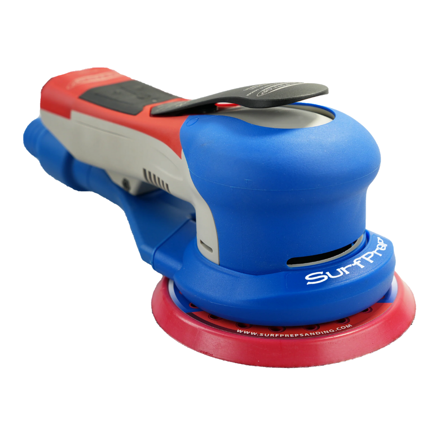 SurfPrep 5-inch Electric Ray Sander with dual-orbit options, hook-and-loop backup pad, and vacuum adapter for dust-free sanding.