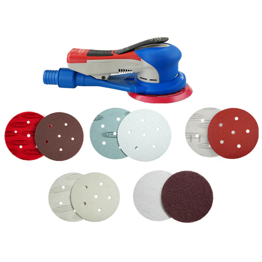 SurfPrep Gen 2+ Pro Kit with 5-inch electric random orbit sander, ProFoam, Blizzard Film, Red Riptide, White Lightning, and non-woven abrasives.