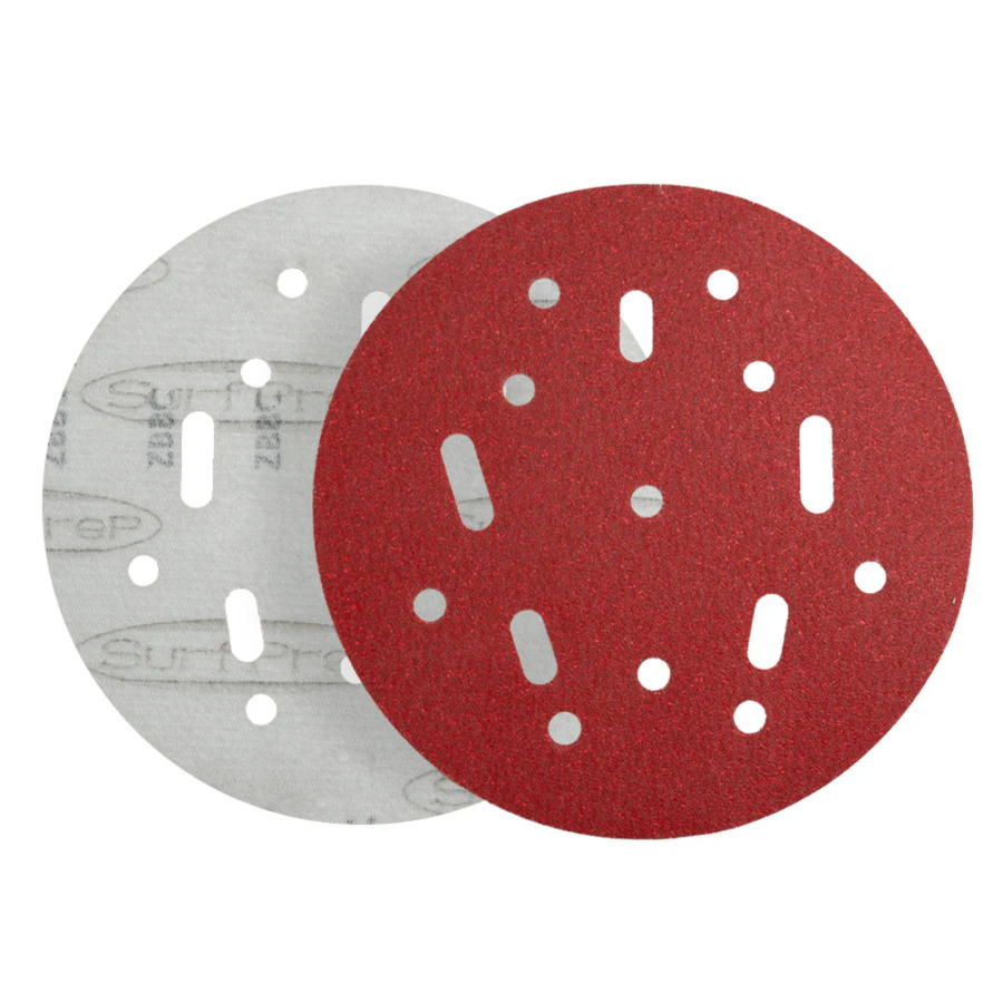SurfPrep Red Riptide Paper Abrasive Discs with C-weight backing for aggressive sanding on wood, coatings, and composite surfaces.
