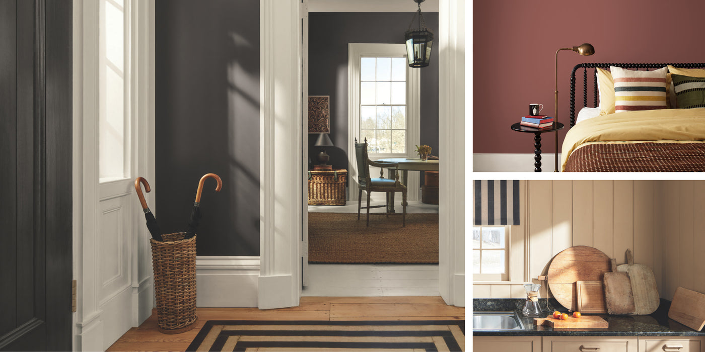 Collage of interior design elements and rooms showcasing colors from the Benjamin Moore 2026 Color Trends Palette.