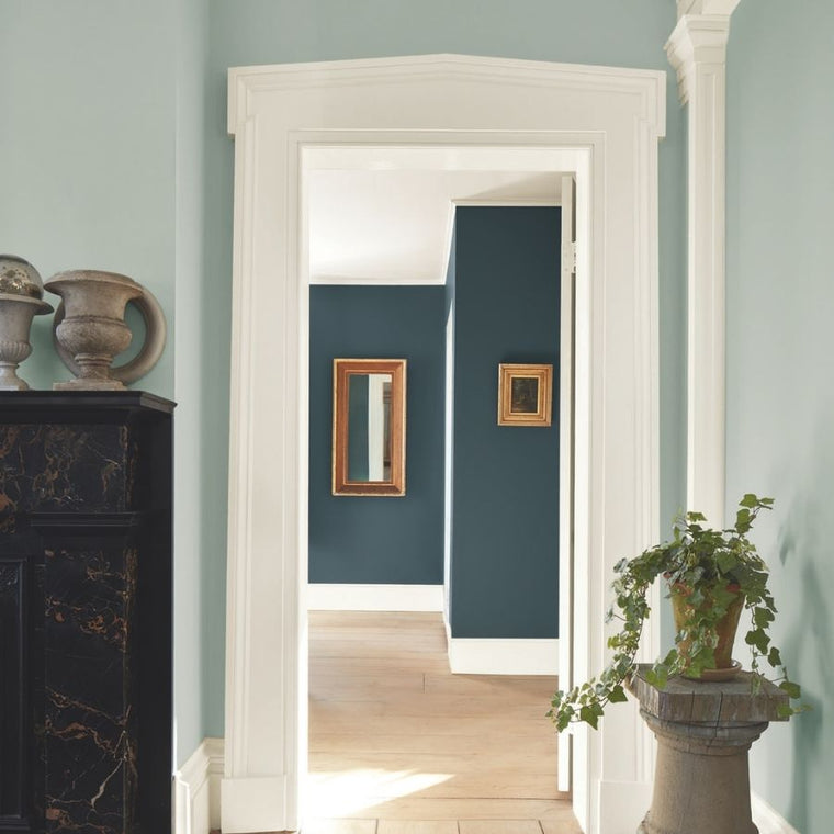 Doorway of sitting room walls painted  Raindance with view of adjoining room painted in Narragansette Green 