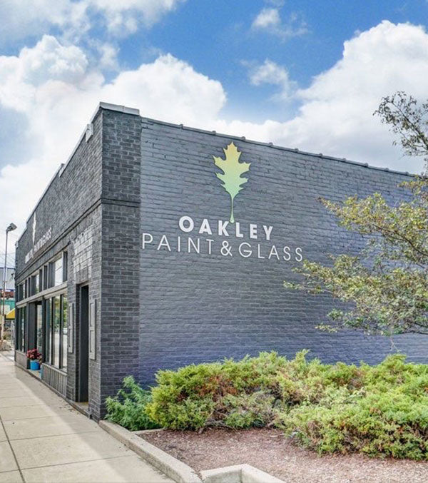 Side view of the exterior storefront of Oakley Paint & Glass in Cincinnati, OH.
